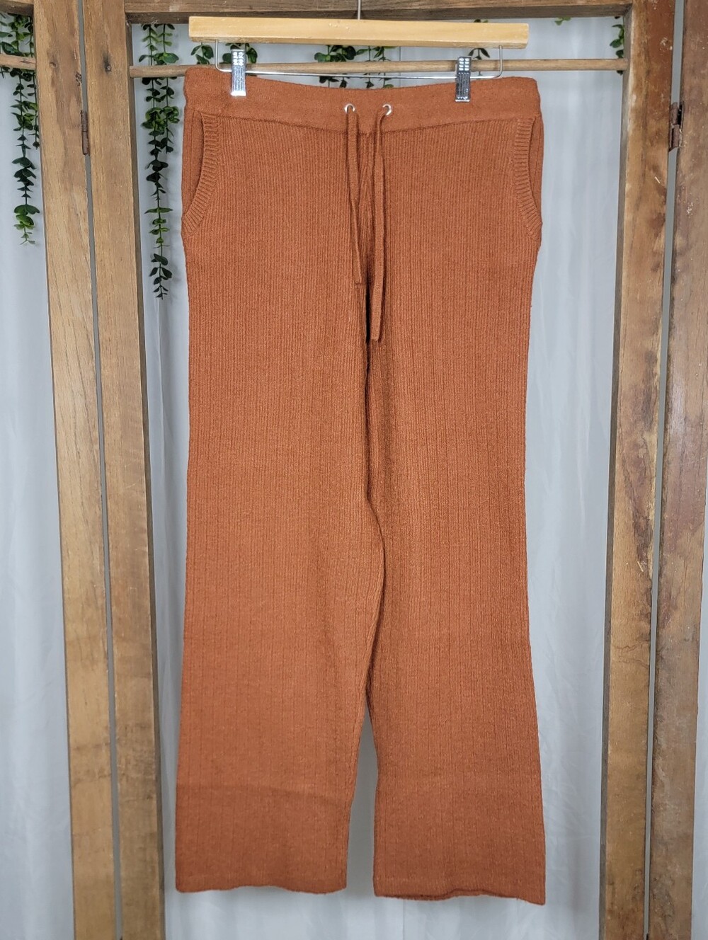 Cozy Rib Knit Lounge Pants - Rust Wide Leg Drawstring Soft Minimalist Loungewear - Picture 3 of 5